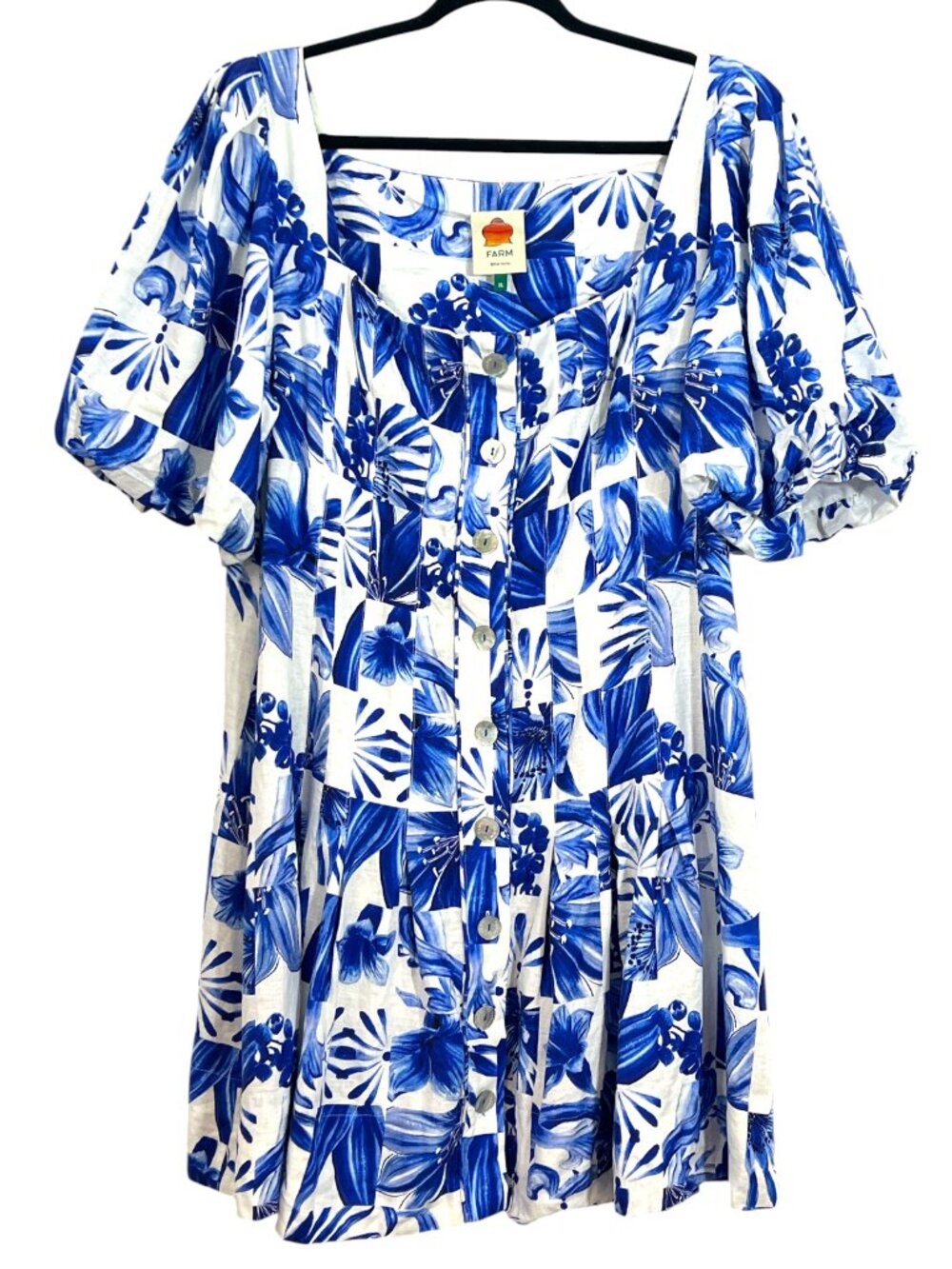 Farm Rio Garden Tiles Dress White / Blue Size XL Pre-Loved